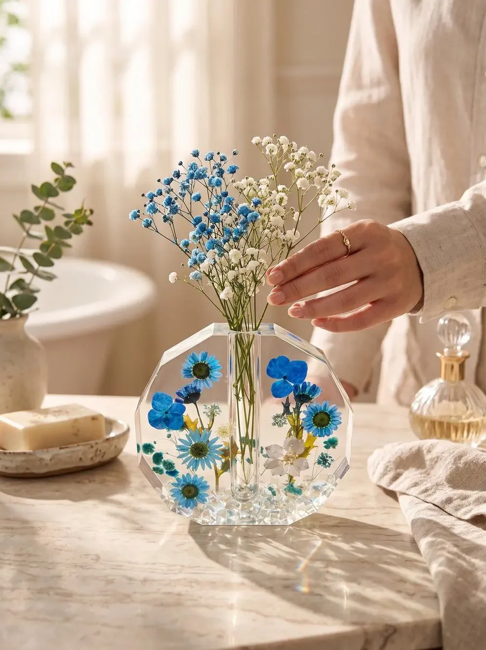 Forever Bloom Blue Meadow Bud Vase Real Pressed Flowers in Crystal Clear Resin